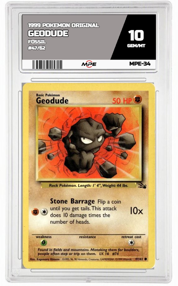 1999 POKEMON ORIGINAL FOSSIL #47/62 Geodude MPE 10 GEM/MT — graded card auctioned from the MPE vault