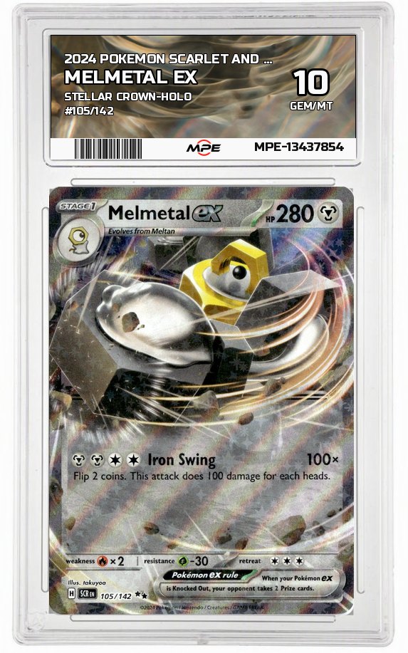 2024 POKEMON SCARLET AND VIOLET STELLAR CROWN-HOLO #105/142 Melmetal EX MPE 10 GEM/MT — graded card up for auction