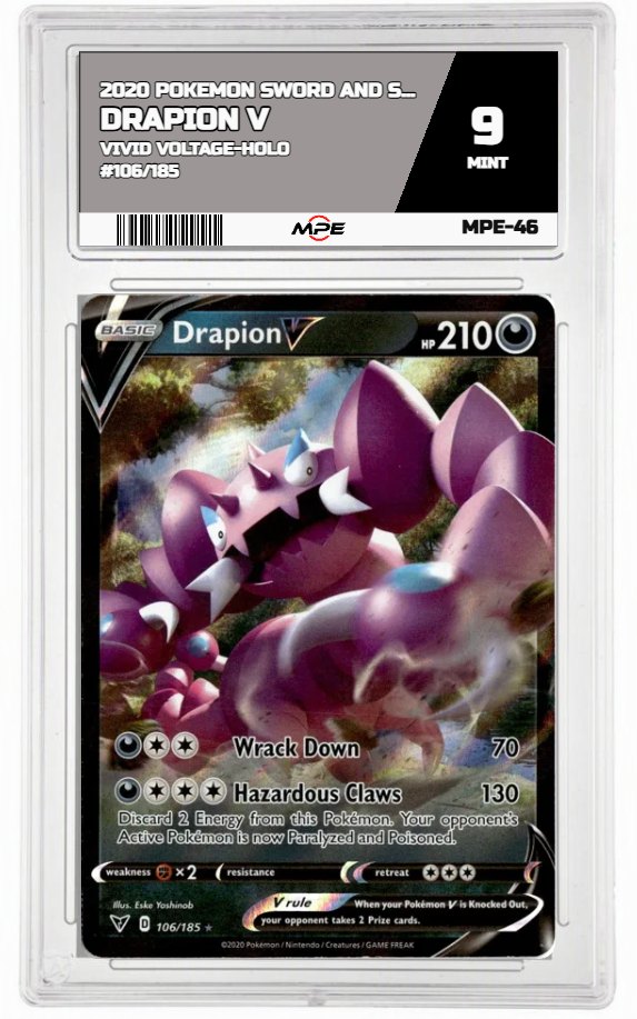 2020 POKEMON SWORD AND SHIELD VIVID VOLTAGE-HOLO #106/185 Drapion V MPE 9 MINT — graded card auctioned from the MPE vault