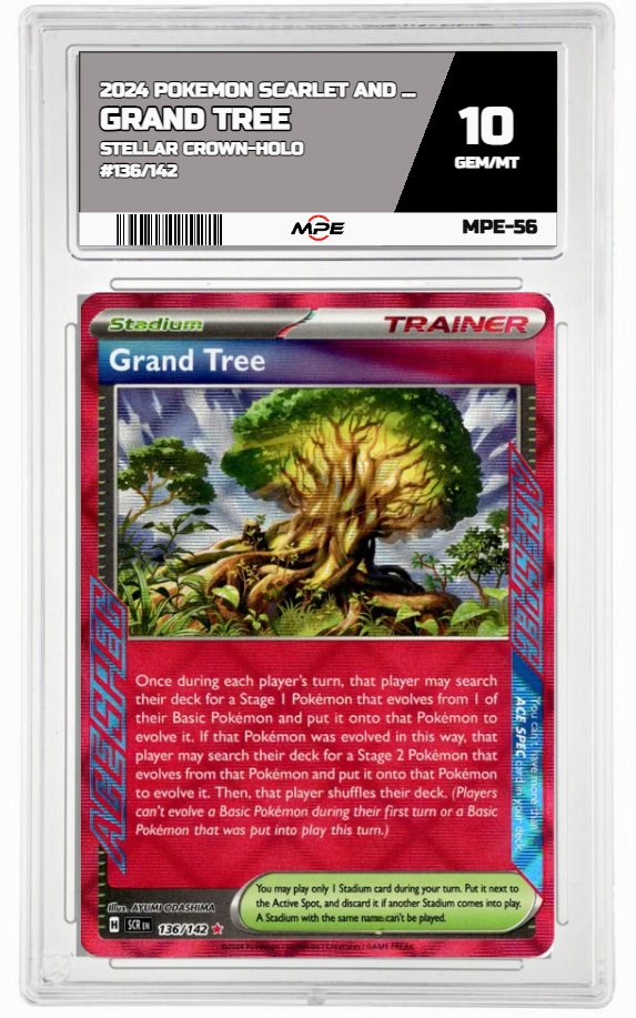 2024 POKEMON SCARLET AND VIOLET STELLAR CROWN-HOLO #136/142 Grand Tree MPE 10 GEM/MT — graded card auctioned from the MPE vault