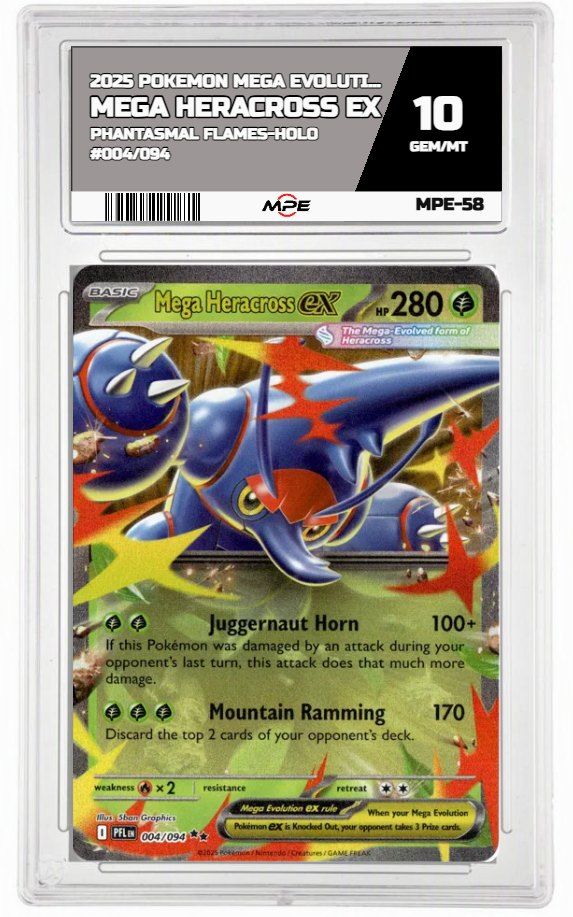 2025 POKEMON MEGA EVOLUTION PHANTASMAL FLAMES-HOLO #004/094 Mega Heracross EX MPE 10 GEM/MT — graded card auctioned from the MPE vault