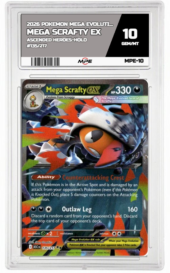 2026 POKEMON ASCENDED HEROES-HOLO #135/217 Mega Scrafty EX MPE 10 GEM/MT — graded card auctioned from the MPE vault