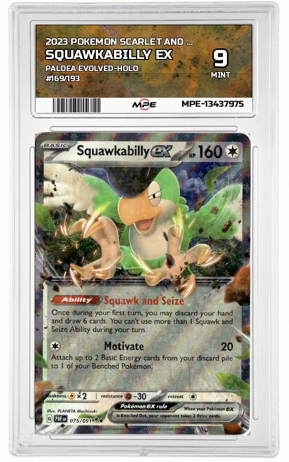 2023 POKEMON SCARLET AND VIOLET PALDEA EVOLVED-HOLO #169/193 SQUAWKABILLY EX MPE 9 MINT — graded card up for auction