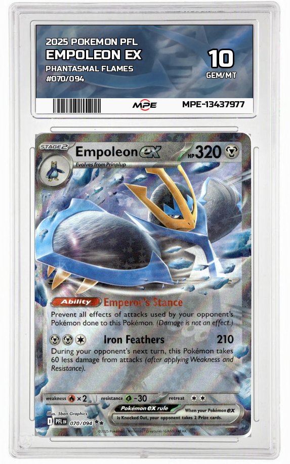 2025 POKEMON PFL PHANTASMAL FLAMES #070/094 EMPOLEON EX MPE 10 GEM/MT — graded card auctioned from the MPE vault