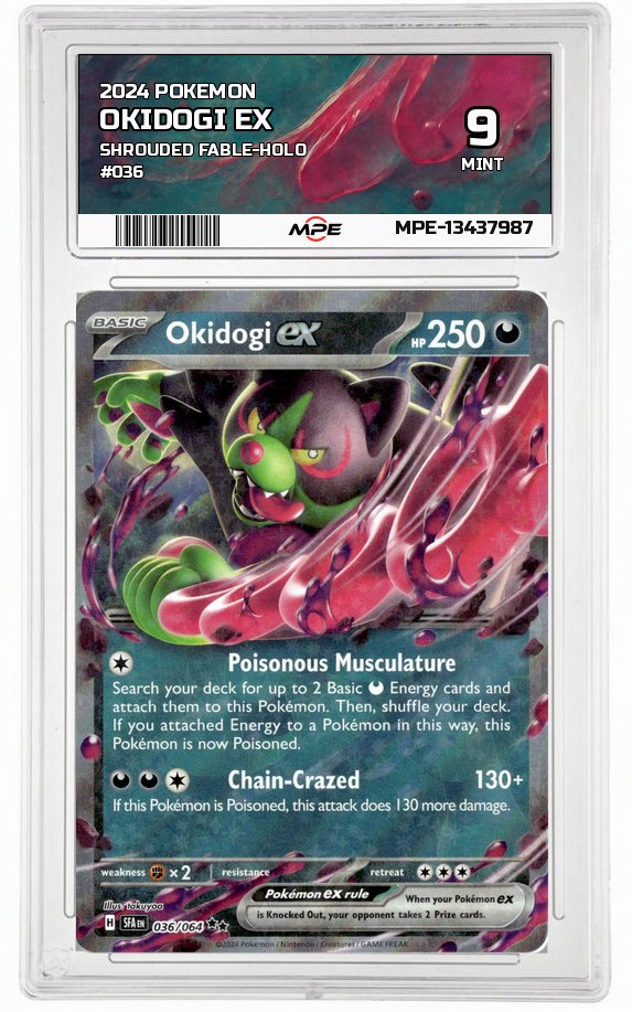 2024 POKEMON SHROUDED FABLE-HOLO #036 OKIDOGI EX MPE 9 MINT — graded card auctioned from the MPE vault