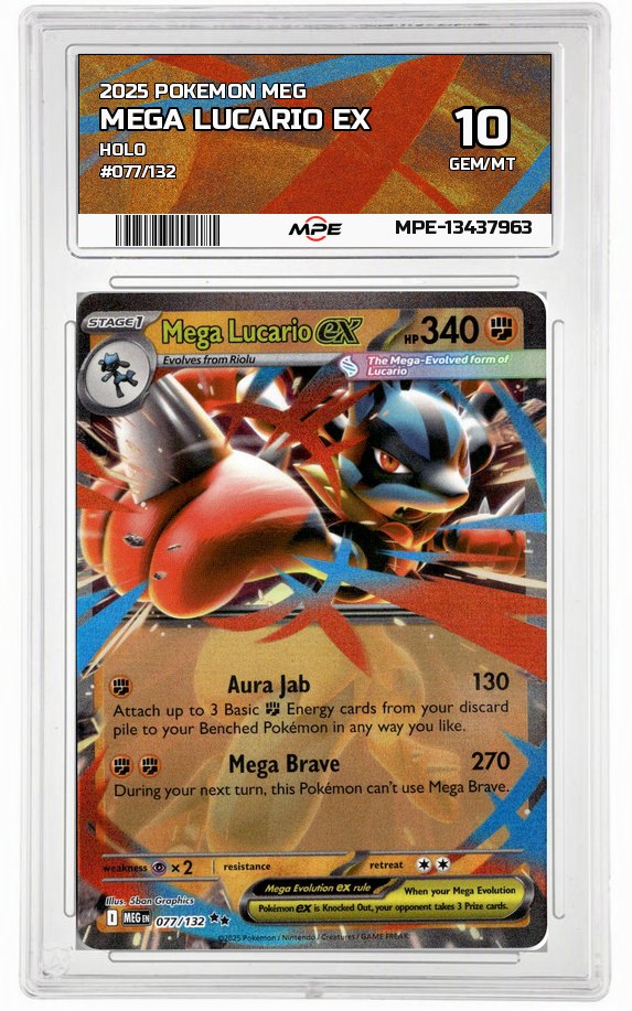 2025 POKEMON MEG HOLO #077/132 MEGA LUCARIO EX MPE 10 GEM/MT — graded card up for auction