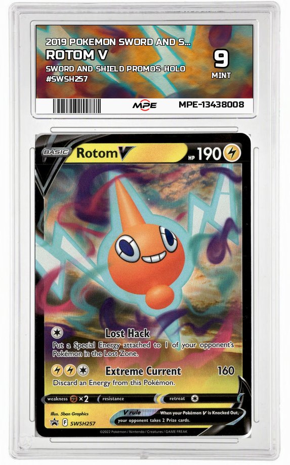 2019 POKEMON SWORD AND SHIELD SWORD AND SHIELD PROMOS-HOLO #SWSH257 Rotom V MPE 9 MINT — graded card up for auction