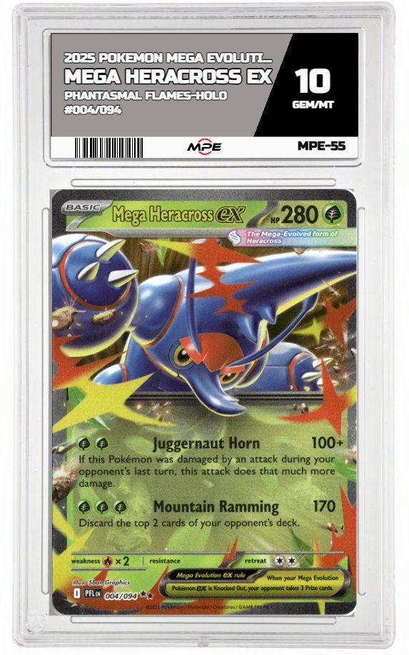 2025 POKEMON PHANTASMAL FLAMES-HOLO #004/094 Mega Heracross EX MPE 10 GEM/MT — graded card auctioned from the MPE vault