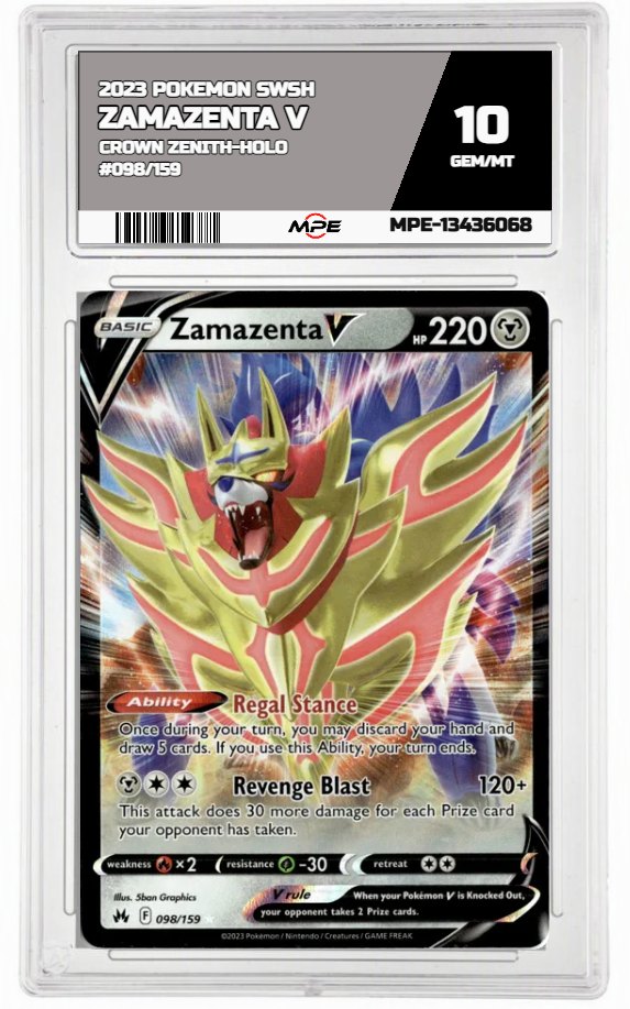 2023 POKEMON SWSH CROWN ZENITH-HOLO #098/159 Zamazenta V MPE 10 GEM/MT — graded card auctioned from the MPE vault