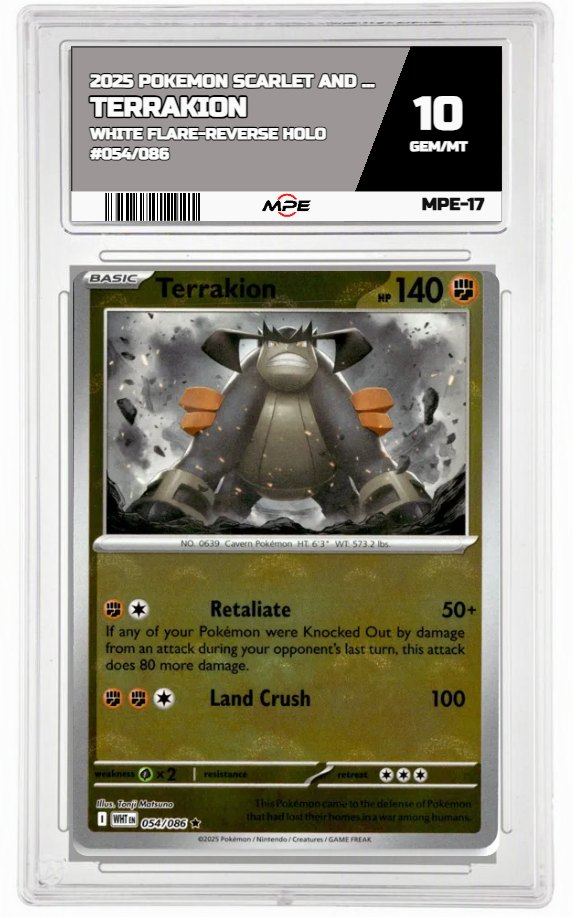 2025 POKEMON SV WHITE FLARE-REVERSE HOLO #054/086 TERRAKION MPE 10 GEM/MT — graded card auctioned from the MPE vault