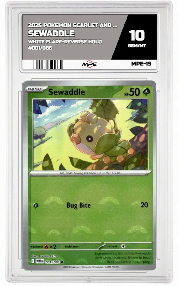 2025 POKEMON SV WHITE FLARE-REVERSE HOLO #001/086 Sewaddle MPE 10 GEM/MT — graded card auctioned from the MPE vault
