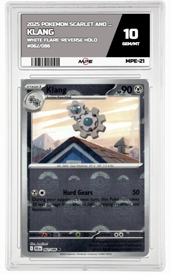 2025 POKEMON SV WHITE FLARE-REVERSE HOLO #062/086 KLANG MPE 10 GEM/MT — graded card auctioned from the MPE vault