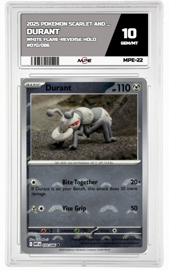 2025 POKEMON SV WHITE FLARE-REVERSE HOLO #070/086 DURANT MPE 10 GEM/MT — graded card auctioned from the MPE vault