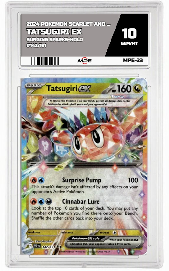 2024 POKEMON SV SURGING SPARKS-HOLO #142/191 TATSUGIRI EX MPE 10 GEM/MT — graded card auctioned from the MPE vault