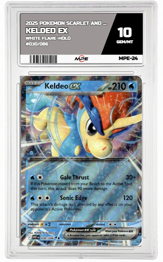 2025 POKEMON SV WHITE FLARE-HOLO #030/086 KELDEO EX MPE 10 GEM/MT — graded card auctioned from the MPE vault