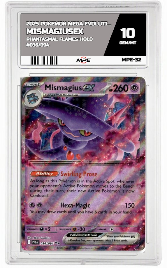 2025 POKEMON MEGA EVOLUTION PHANTASMAL FLAMES-HOLO #036/094 MismagiusEX MPE 10 GEM/MT — graded card auctioned from the MPE vault