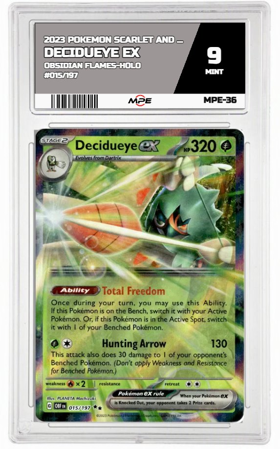 2023 POKEMON SV OBSIDIAN FLAMES-HOLO #015/197 DECIDUEYE EX MPE 9 MINT — graded card auctioned from the MPE vault