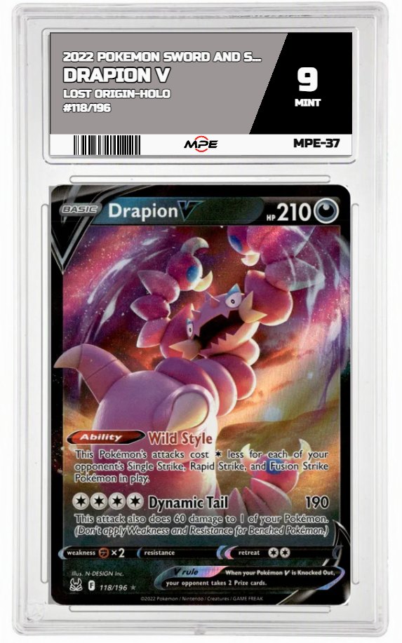 2022 POKEMON SWSH LOST ORIGIN-HOLO #118/196 DRAPION V MPE 9 MINT — graded card auctioned from the MPE vault