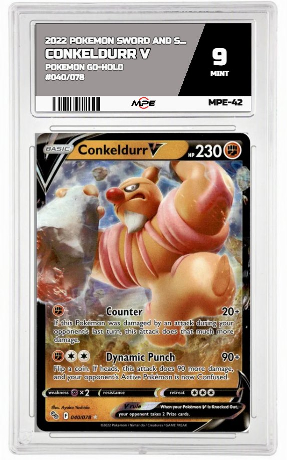 2022 POKEMON SWSH POKEMON GO-HOLO #040/078 CONKELDURR V MPE 9 MINT — graded card auctioned from the MPE vault