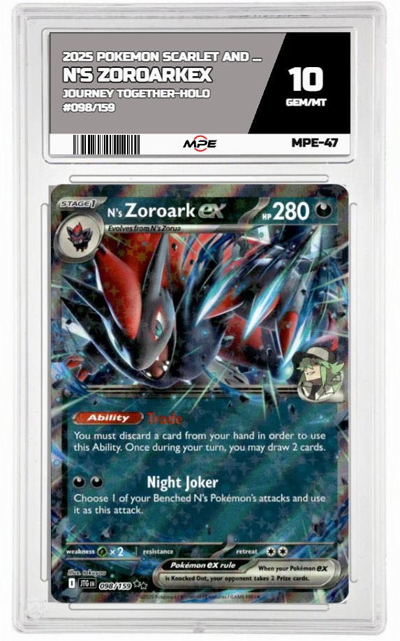 2025 POKEMON SV JOURNEY TOGETHER-HOLO #098/159 N's ZoroarkEX MPE 10 GEM/MT — graded card auctioned from the MPE vault