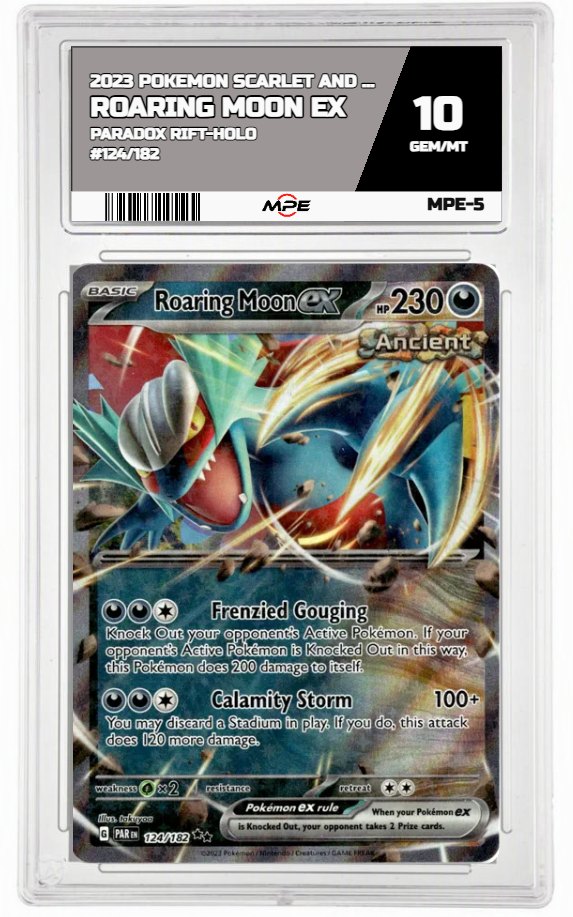 2023 POKEMON SV PARADOX RIFT-HOLO #124/182 ROARING MOON EX MPE 10 GEM/MT — graded card auctioned from the MPE vault
