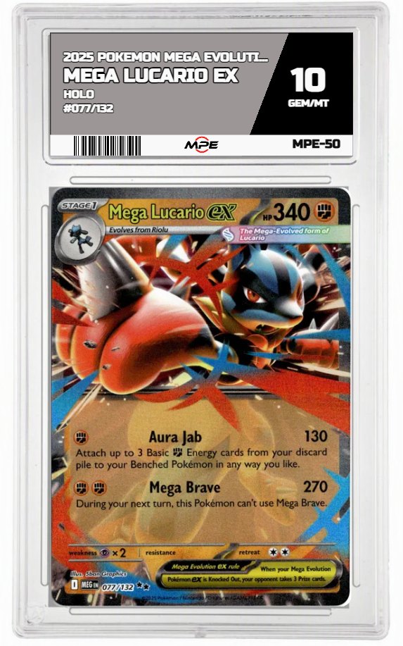 2025 POKEMON MEGA EVOLUTION HOLO #077/132 Mega Lucario EX MPE 10 GEM/MT — graded card auctioned from the MPE vault