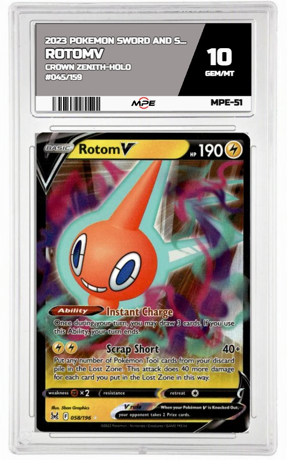2023 POKEMON SWSH CROWN ZENITH-HOLO #045/159 RotomV MPE 10 GEM/MT — graded card auctioned from the MPE vault