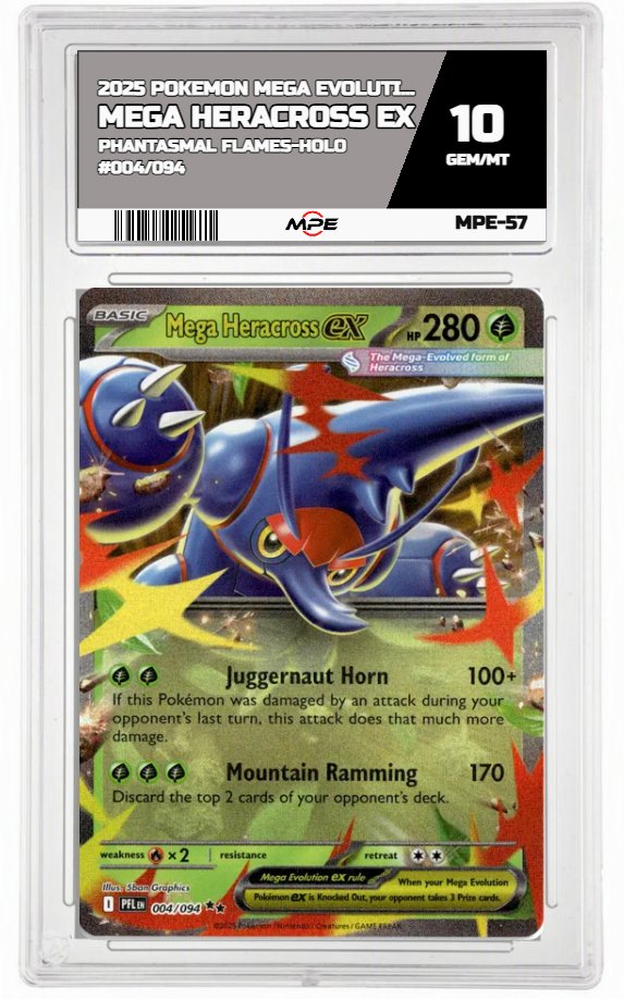 2025 POKEMON MEGA EVOLUTION PHANTASMAL FLAMES-HOLO #004/094 Mega Heracross EX MPE 10 GEM/MT — graded card auctioned from the MPE vault