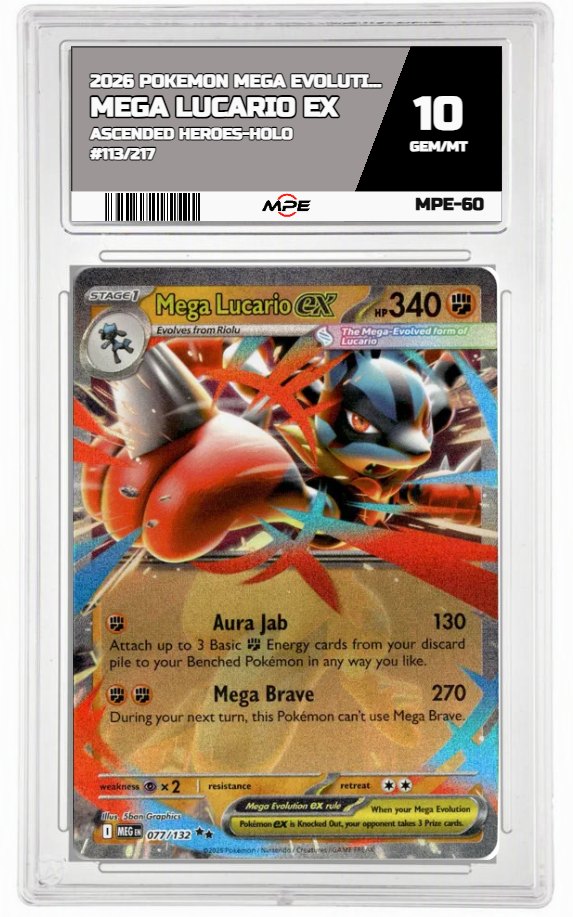 2026 POKEMON MEGA EVOLUTION ASCENDED HEROES-HOLO #113/217 Mega Lucario EX MPE 10 GEM/MT — graded card auctioned from the MPE vault