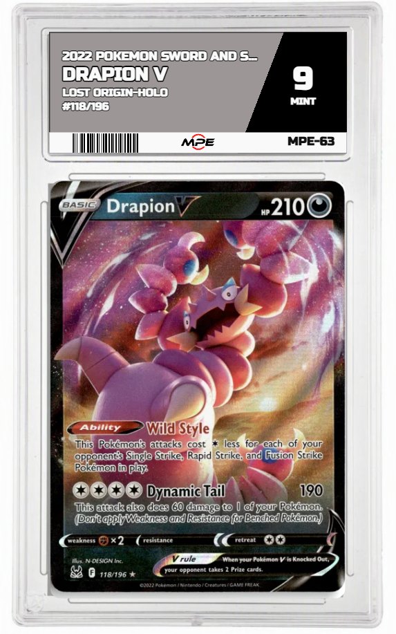 2022 POKEMON SWSH LOST ORIGIN-HOLO #118/196 Drapion V MPE 9 MINT — graded card auctioned from the MPE vault