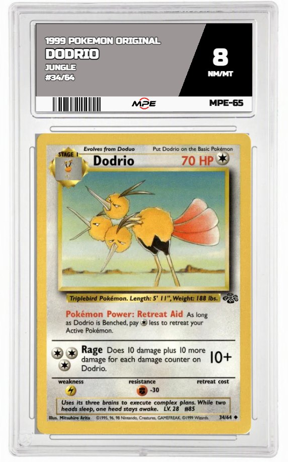 1999 POKEMON ORIGINAL JUNGLE #34/64 Dodrio MPE 8 NM/MT — graded card auctioned from the MPE vault