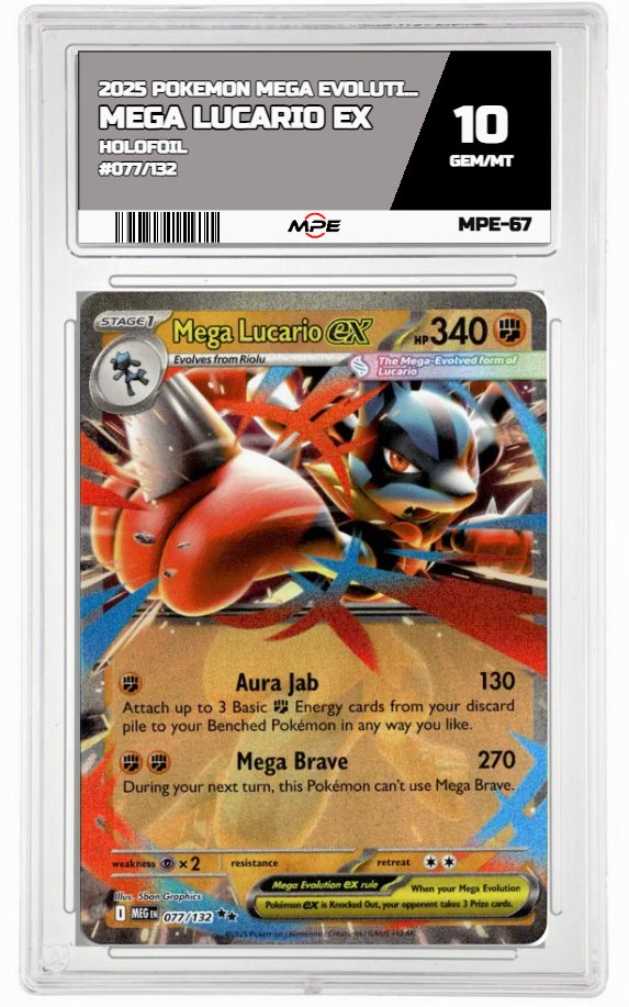2025 POKEMON MEGA EVOLUTION HOLOFOIL #077/132 Mega Lucario EX MPE 10 GEM/MT — graded card auctioned from the MPE vault