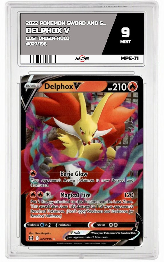 2022 POKEMON SWSH LOST ORIGIN-HOLO #027/196 Delphox V MPE 9 MINT — graded card auctioned from the MPE vault