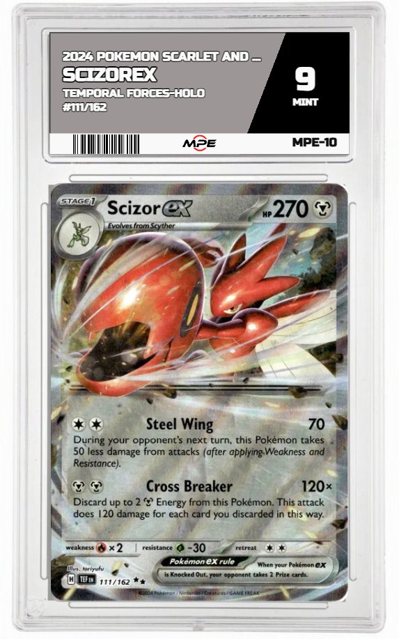 2024 POKEMON SCARLET AND VIOLET TEMPORAL FORCES-HOLO #111/162 ScizorEX MPE 9 MINT — graded card auctioned from the MPE vault
