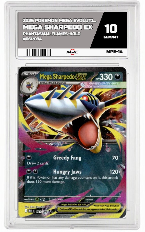 2025 POKEMON MEGA EVOLUTION PHANTASMAL FLAMES-HOLO #061/094 Mega Sharpedo EX MPE 10 GEM/MT — graded card auctioned from the MPE vault