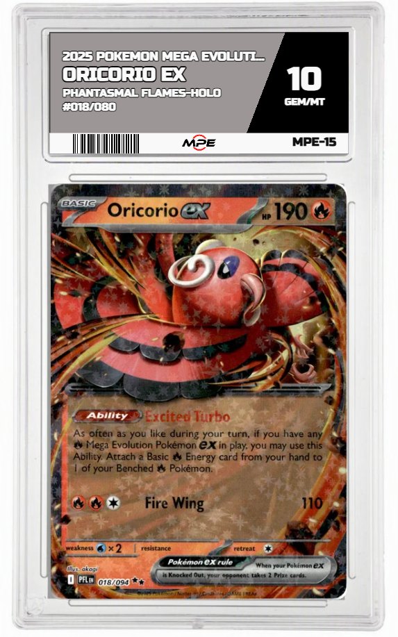 2025 POKEMON MEGA EVOLUTION PHANTASMAL FLAMES-HOLO #018/080 ORICORIO EX MPE 10 GEM/MT — graded card auctioned from the MPE vault