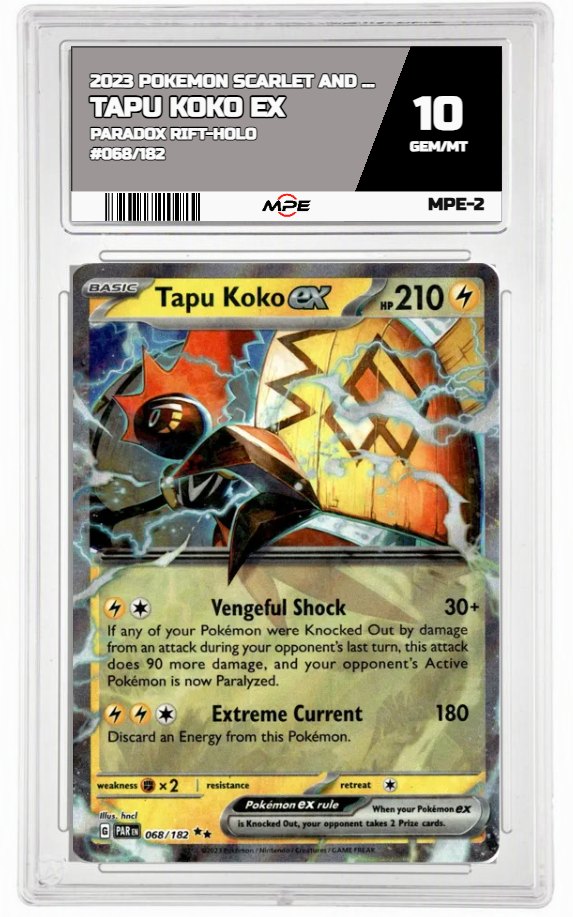 2023 POKEMON SCARLET AND VIOLET PARADOX RIFT-HOLO #068/182 TAPU KOKO EX MPE 10 GEM/MT — graded card auctioned from the MPE vault