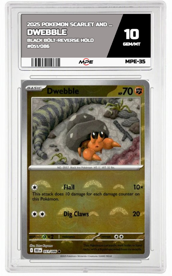 2025 POKEMON SCARLET AND VIOLET BLACK BOLT-REVERSE HOLO #051/086 DWEBBLE MPE 10 GEM/MT — graded card auctioned from the MPE vault