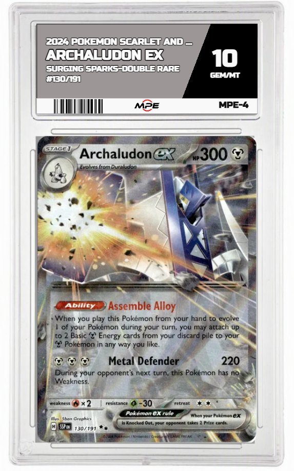 2024 POKEMON SCARLET AND VIOLET SURGING SPARKS-Double Rare #130/191 ARCHALUDON EX MPE 10 GEM/MT — graded card auctioned from the MPE vault