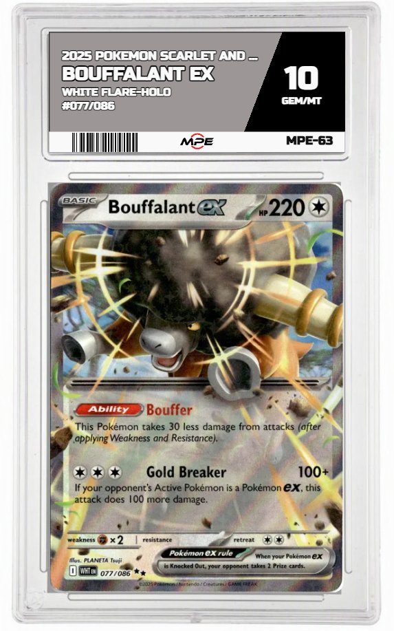 2025 POKEMON SCARLET AND VIOLET WHITE FLARE-HOLO #077/086 BOUFFALANT EX MPE 10 GEM/MT — graded card auctioned from the MPE vault