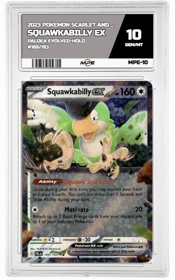 2023 POKEMON SCARLET AND VIOLET PALDEA EVOLVED-HOLO #169/193 Squawkabilly EX MPE 10 GEM/MT — graded card auctioned from the MPE vault