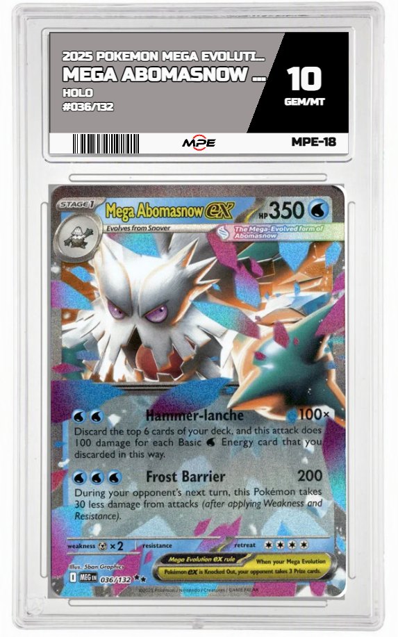 2025 POKEMON MEGA EVOLUTION HOLO #036/132 Mega Abomasnow EX MPE 10 GEM/MT — graded card auctioned from the MPE vault