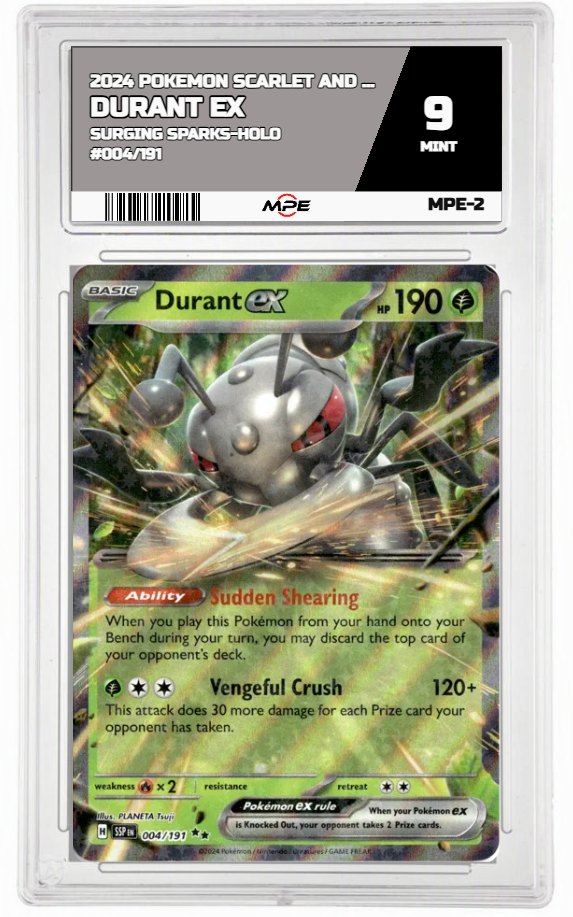 2024 POKEMON SCARLET AND VIOLET SURGING SPARKS-HOLO #004/191 Durant EX MPE 9 MINT — graded card auctioned from the MPE vault