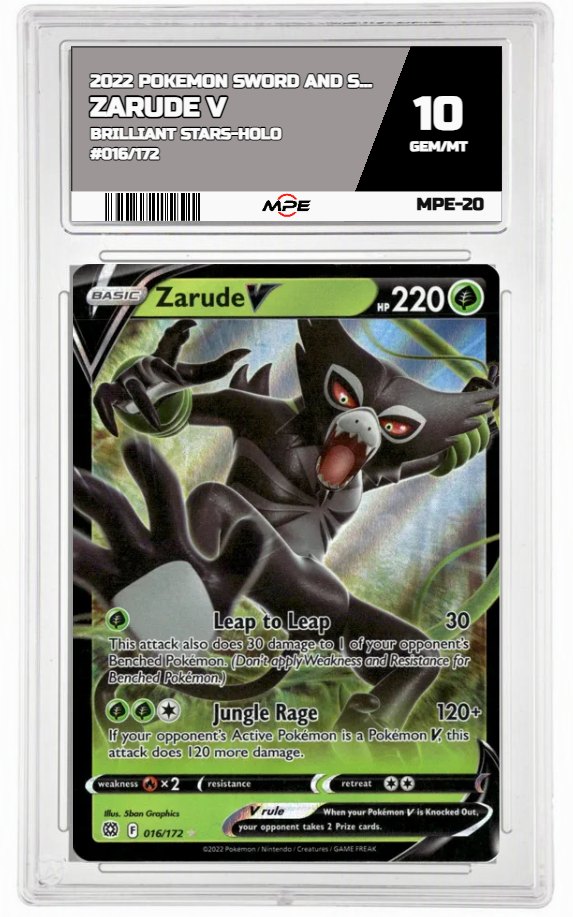 2022 POKEMON SWORD AND SHIELD BRILLIANT STARS-HOLO #016/172 Zarude V MPE 10 GEM/MT — graded card auctioned from the MPE vault