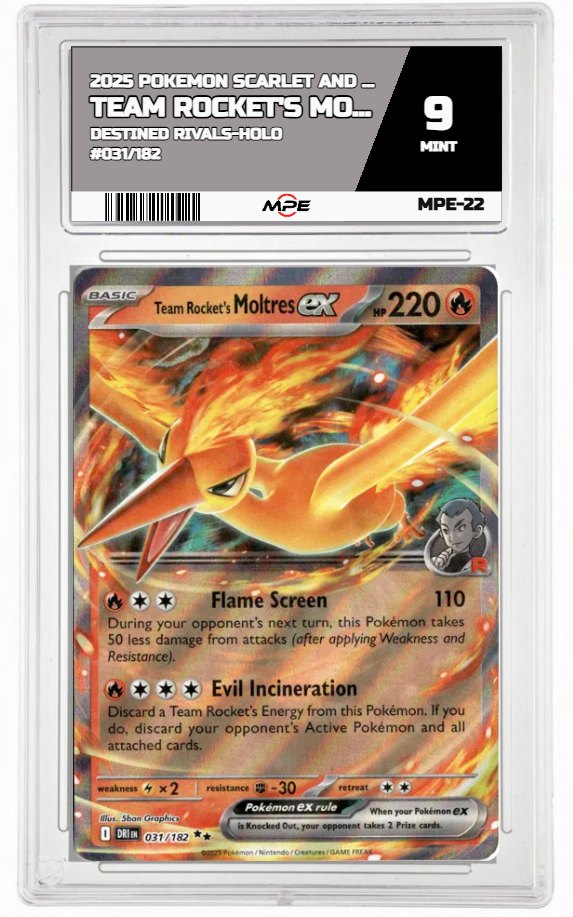 2025 POKEMON SCARLET AND VIOLET DESTINED RIVALS-HOLO #031/182 TEAM ROCKET'S MOLTRES EX MPE 9 MINT — graded card auctioned from the MPE vault