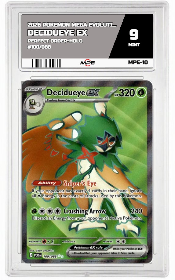 2026 POKEMON MEGA EVOLUTION PERFECT ORDER-HOLO #100/088 Decidueye EX MPE 9 MINT — graded card auctioned from the MPE vault