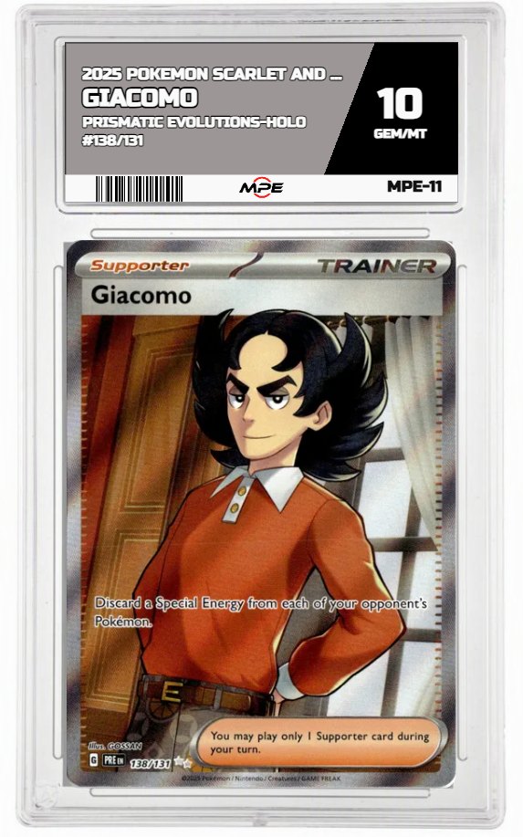 2025 POKEMON SCARLET AND VIOLET PRISMATIC EVOLUTIONS-HOLO #138/131 Giacomo MPE 10 GEM/MT — graded card auctioned from the MPE vault