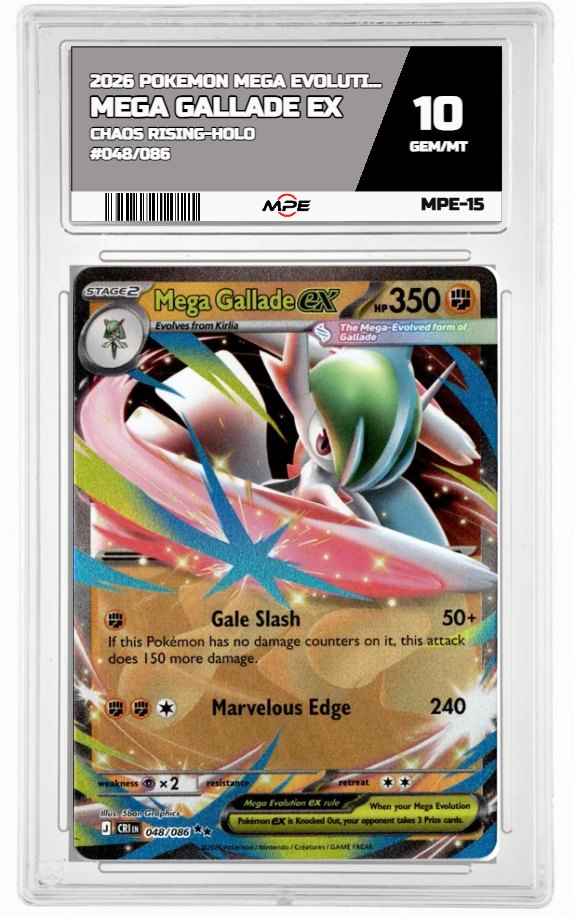 2026 POKEMON MEGA EVOLUTION CHAOS RISING-HOLO #048/086 Mega Gallade EX MPE 10 GEM/MT — graded card auctioned from the MPE vault