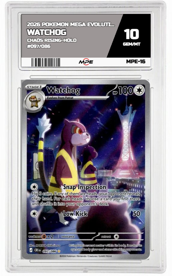 2026 POKEMON MEGA EVOLUTION CHAOS RISING-HOLO #097/086 Watchog MPE 10 GEM/MT — graded card auctioned from the MPE vault