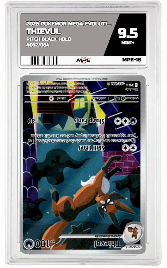 2026 POKEMON MEGA EVOLUTION PITCH BLACK-HOLO #092/084 THIEVUL MPE 9.5 MINT+ — graded card auctioned from the MPE vault